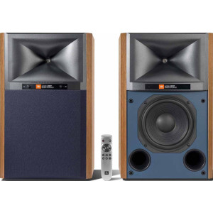 JBL 4329P Studio Monitor Active Speakers (Pair) - Natural Walnut with Blue Grille